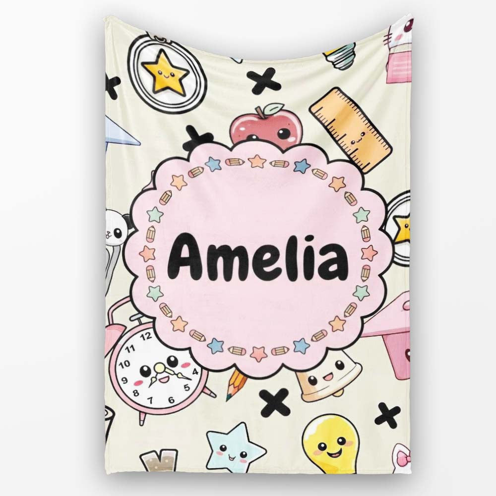 Cute Kawaii School Cat Books Apple Clock Supplies Pattern Cream  Personalised Custom Name Super Soft Fleece Blanket Bed Sofa Throw