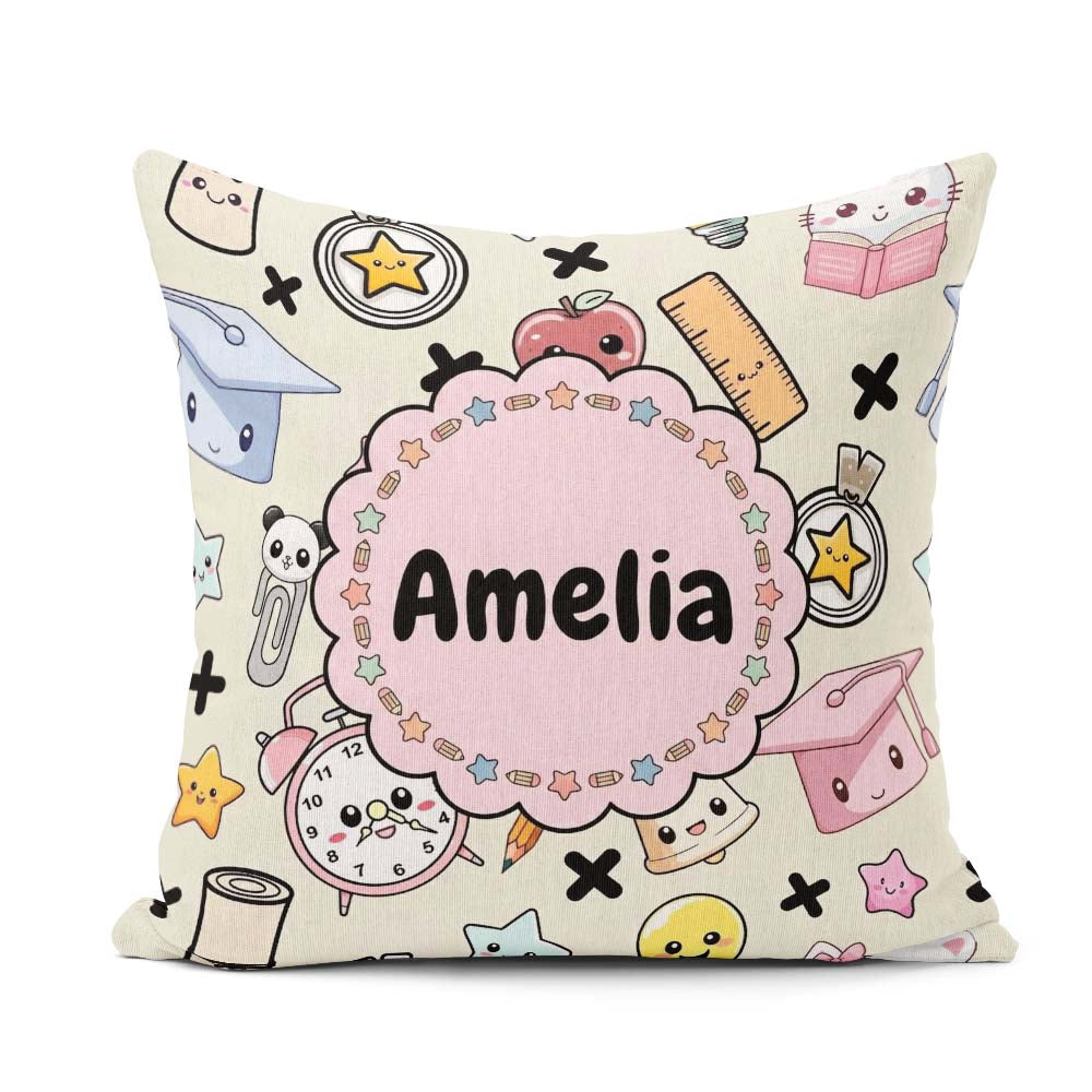 Custom Name Kawaii School Cat Books Apple Clock Supplies Pattern Square Filled Cushion Throw Pillow Sofa Bed Home Decor Zip Washable UK Made