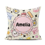 Custom Name Kawaii School Cat Books Apple Clock Supplies Pattern Square Filled Cushion Throw Pillow Sofa Bed Home Decor Zip Washable UK Made