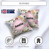 Custom Name Kawaii School Cat Books Apple Clock Supplies Pattern Square Filled Cushion Throw Pillow Sofa Bed Home Decor Zip Washable UK Made
