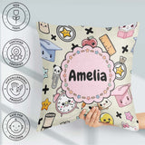 Custom Name Kawaii School Cat Books Apple Clock Supplies Pattern Square Filled Cushion Throw Pillow Sofa Bed Home Decor Zip Washable UK Made