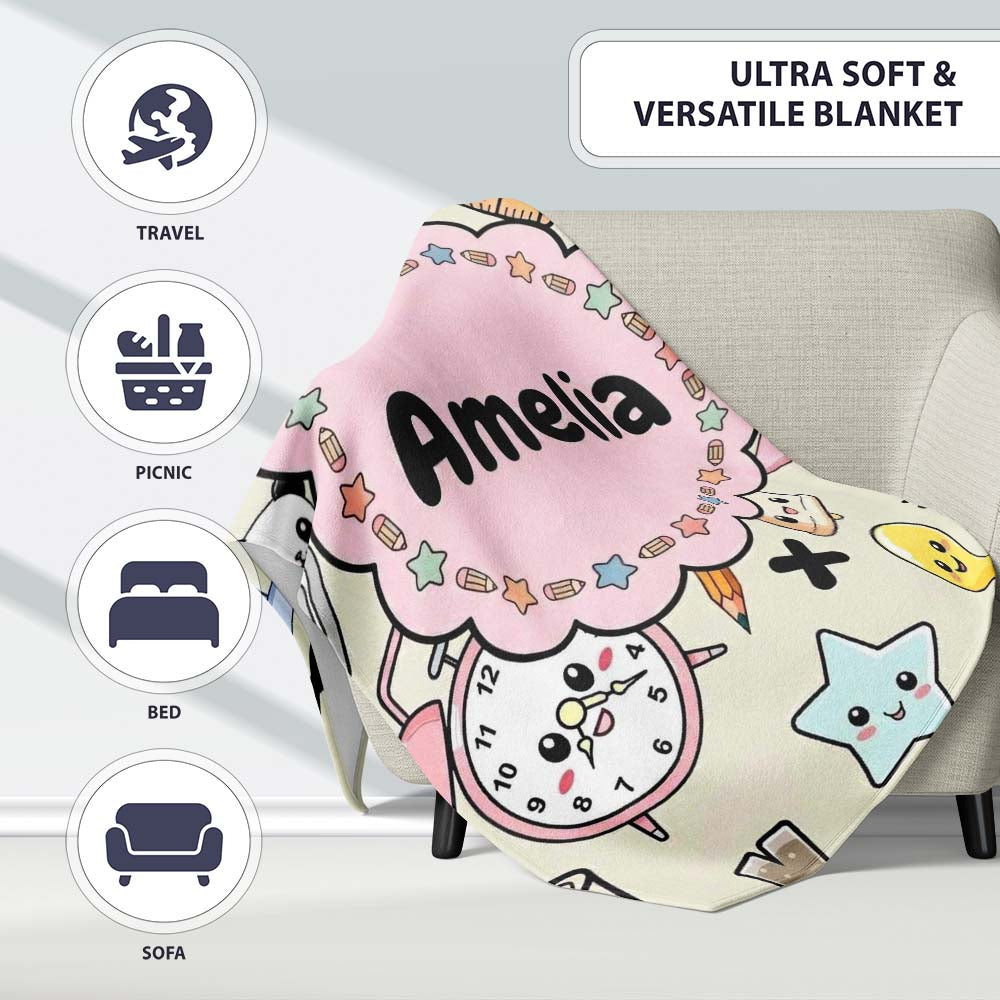 Cute Kawaii School Cat Books Apple Clock Supplies Pattern Cream  Personalised Custom Name Super Soft Fleece Blanket Bed Sofa Throw