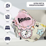 Cute Kawaii School Cat Books Apple Clock Supplies Pattern Cream  Personalised Custom Name Super Soft Fleece Blanket Bed Sofa Throw