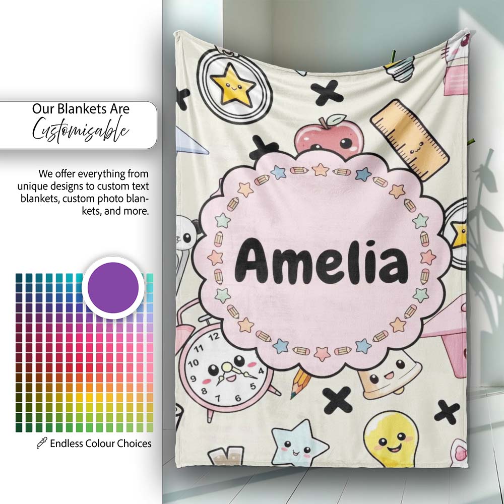 Cute Kawaii School Cat Books Apple Clock Supplies Pattern Cream  Personalised Custom Name Super Soft Fleece Blanket Bed Sofa Throw