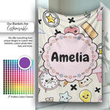 Cute Kawaii School Cat Books Apple Clock Supplies Pattern Cream  Personalised Custom Name Super Soft Fleece Blanket Bed Sofa Throw