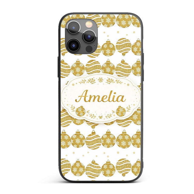 Gold Christmas Baubles Glitter Festive Seamless Custom Name Protective Phone Case Mobile Cover Durable Everyday Smartphone Shock Resistant