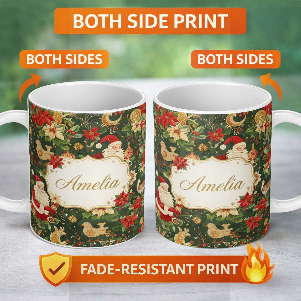 Personalized Custom Name Vintage Santa Claus Reindeer Poinsettia Flowers and Festive Holiday 11oz Ceramic Coffee Tea Mug White Large Handle