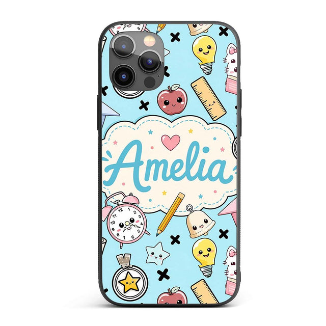 Cute Kawaii School Cat Books Apple Clock Supplies Custom Name Protective Phone Case Mobile Cover Durable Everyday Smartphone Shock Resistant