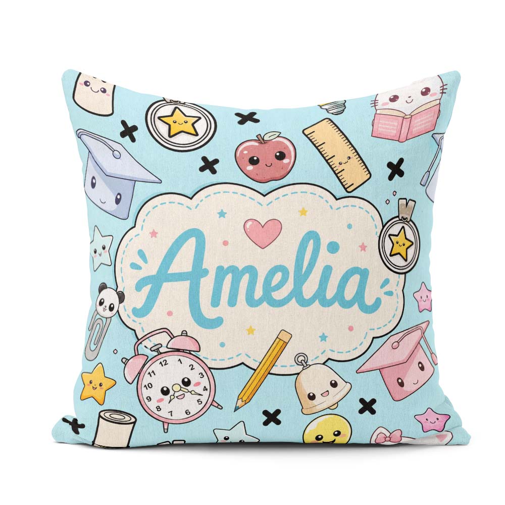 Custom Name Kawaii School Cat Books Apple Clock Supplies Pattern Square Filled Cushion Throw Pillow Sofa Bed Home Decor Zip Washable UK Made