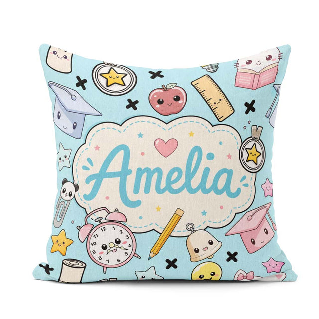 Custom Name Kawaii School Cat Books Apple Clock Supplies Pattern Square Filled Cushion Throw Pillow Sofa Bed Home Decor Zip Washable UK Made