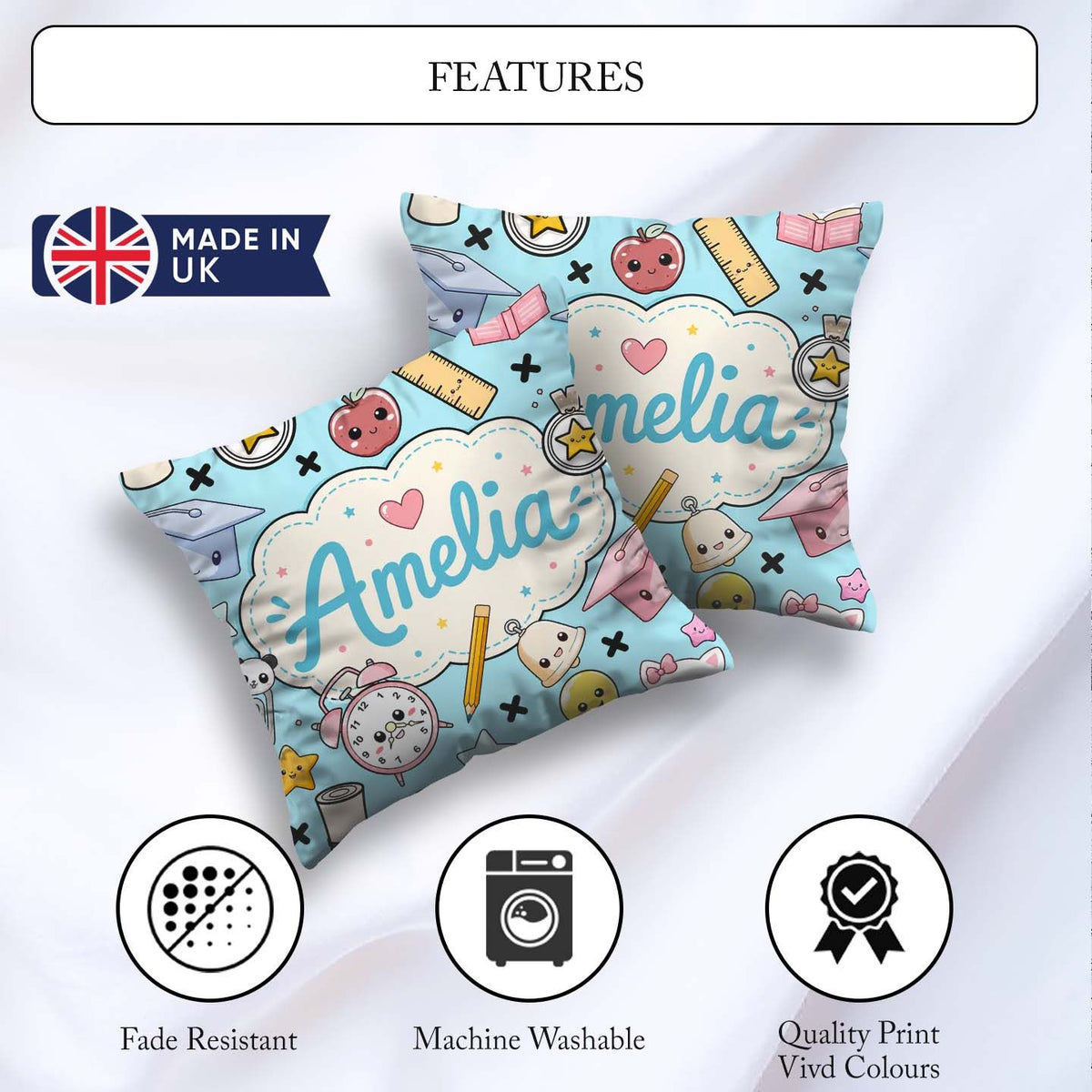 Custom Name Kawaii School Cat Books Apple Clock Supplies Pattern Square Filled Cushion Throw Pillow Sofa Bed Home Decor Zip Washable UK Made