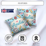 Custom Name Kawaii School Cat Books Apple Clock Supplies Pattern Square Filled Cushion Throw Pillow Sofa Bed Home Decor Zip Washable UK Made