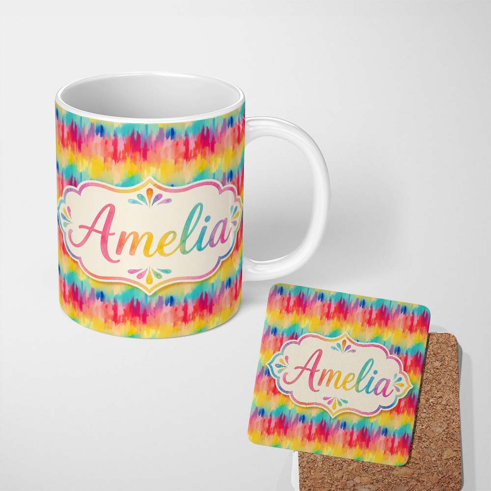 Personalized Custom Name Vibrant Watercolor Abstract Brush Strokes Seamless Pattern Lovely 11oz Ceramic Coffee Tea Mug White Large Handle
