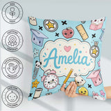 Custom Name Kawaii School Cat Books Apple Clock Supplies Pattern Square Filled Cushion Throw Pillow Sofa Bed Home Decor Zip Washable UK Made