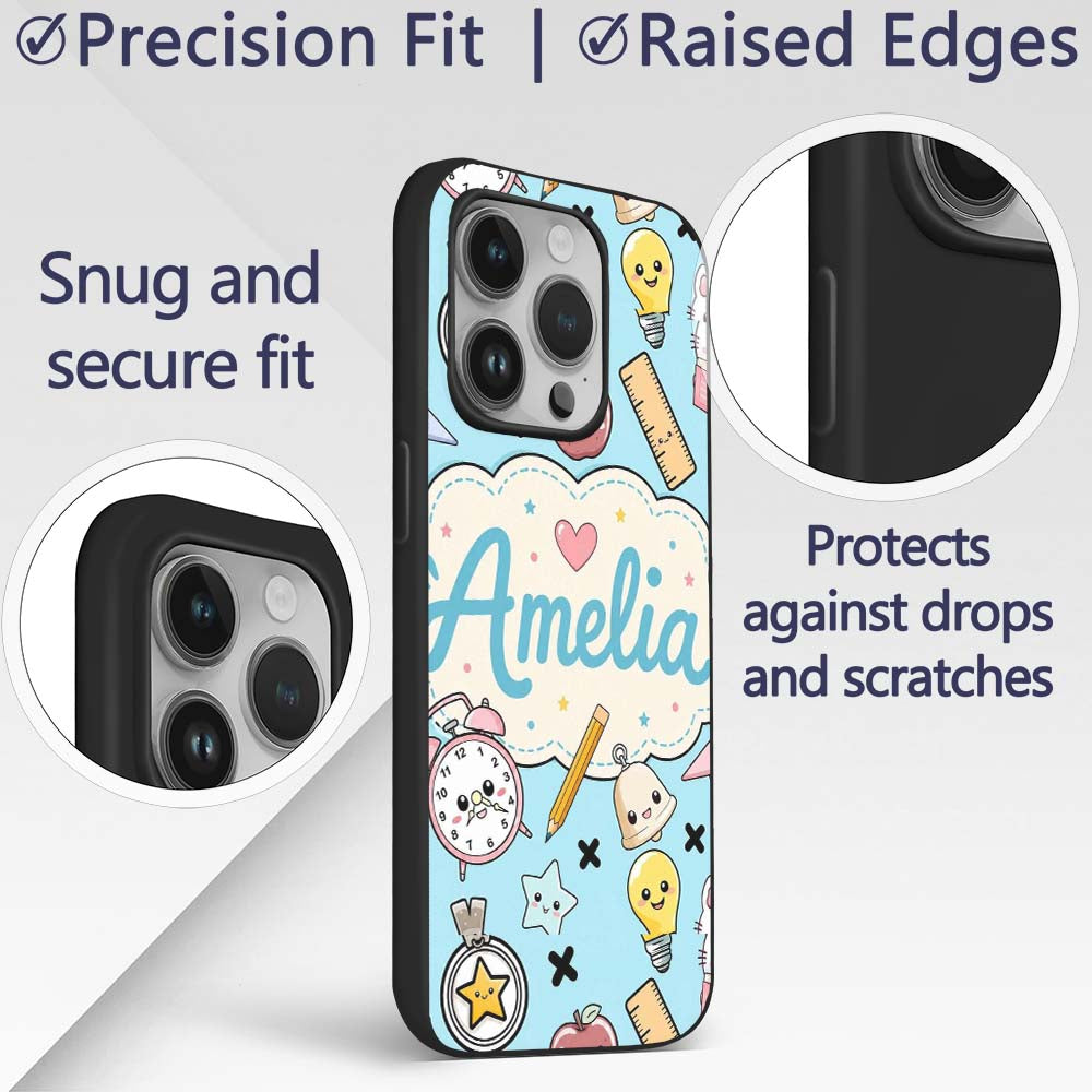 Cute Kawaii School Cat Books Apple Clock Supplies Custom Name Protective Phone Case Mobile Cover Durable Everyday Smartphone Shock Resistant