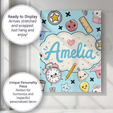 Personalised Name Cute Kawaii School Cat Custom  Unique Gift Idea Elegant Feature Canvas Wall Art Print Decor Picture Ready to Hang