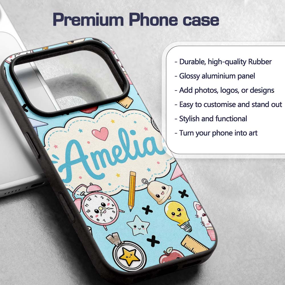 Cute Kawaii School Cat Books Apple Clock Supplies Custom Name Protective Phone Case Mobile Cover Durable Everyday Smartphone Shock Resistant