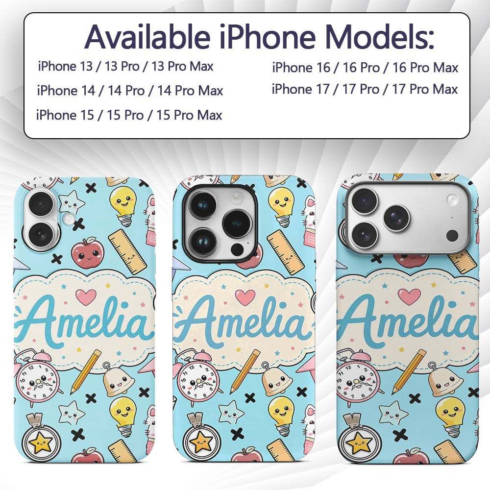 Cute Kawaii School Cat Books Apple Clock Supplies Custom Name Protective Phone Case Mobile Cover Durable Everyday Smartphone Shock Resistant