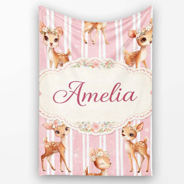 Cute Baby Deer Pink Stripes Floral Crown Seamless Pattern Lovely  Personalised Custom Name Super Soft Fleece Blanket Bed Sofa Throw