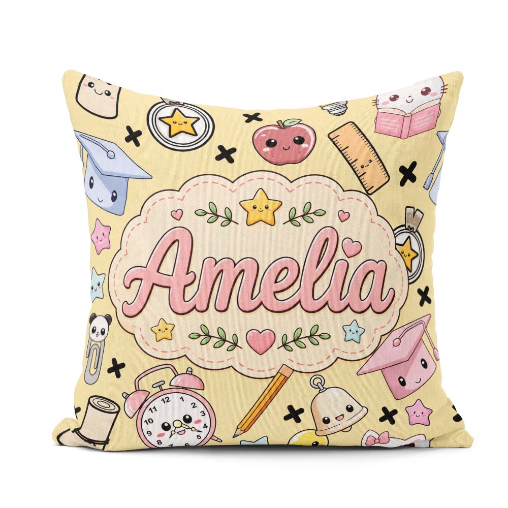 Custom Name Kawaii School Cat Books Apple Clock Supplies Pattern Square Filled Cushion Throw Pillow Sofa Bed Home Decor Zip Washable UK Made