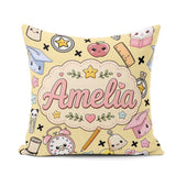 Custom Name Kawaii School Cat Books Apple Clock Supplies Pattern Square Filled Cushion Throw Pillow Sofa Bed Home Decor Zip Washable UK Made