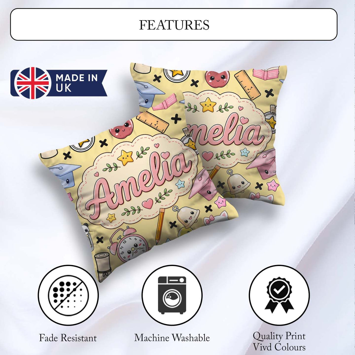 Custom Name Kawaii School Cat Books Apple Clock Supplies Pattern Square Filled Cushion Throw Pillow Sofa Bed Home Decor Zip Washable UK Made