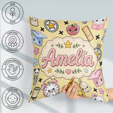 Custom Name Kawaii School Cat Books Apple Clock Supplies Pattern Square Filled Cushion Throw Pillow Sofa Bed Home Decor Zip Washable UK Made