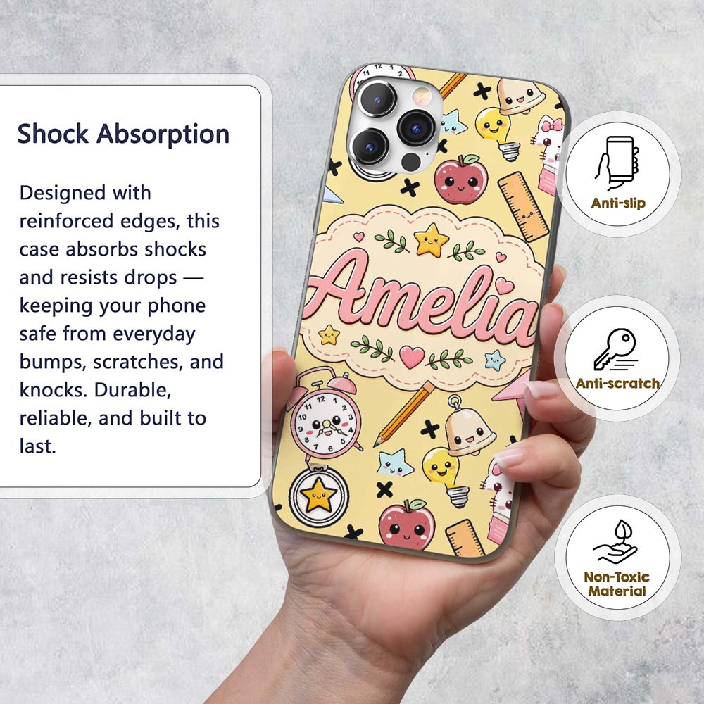 Cute Kawaii School Cat Books Apple Clock Supplies Custom Name Protective Phone Case Mobile Cover Durable Everyday Smartphone Shock Resistant
