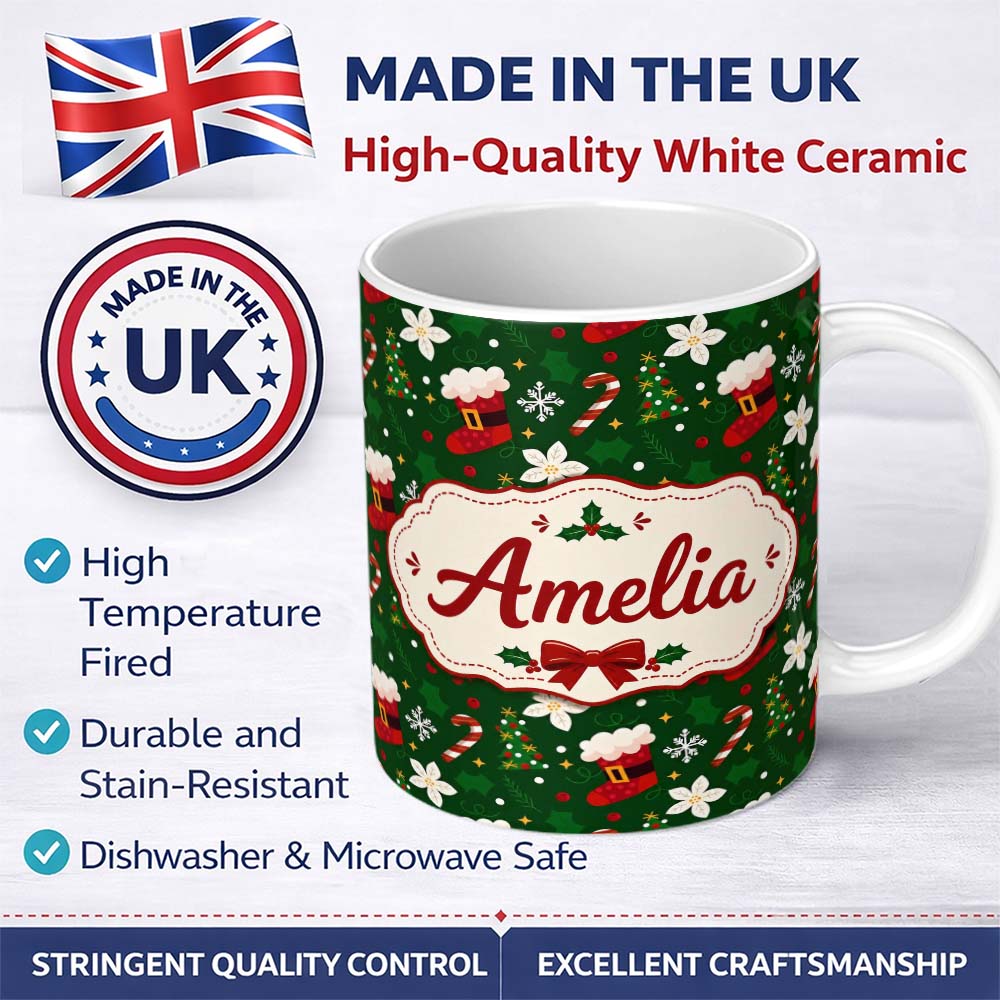 Personalized Custom Name Christmas Stocking Candy Cane Tree Poinsettia Seamless Pattern 11oz Ceramic Coffee Tea Mug White Large Handle