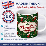 Personalized Custom Name Christmas Stocking Candy Cane Tree Poinsettia Seamless Pattern 11oz Ceramic Coffee Tea Mug White Large Handle