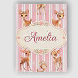 Personalised Name Cute Baby Deer Pink Stripes Floral Crown Seamless Custom Canvas Wall Art Print Decor Picture Ready to Hang
