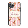 Cute Baby Deer Pink Stripes Floral Crown Seamless Custom Name Protective Phone Case Mobile Cover Durable Everyday Smartphone Shock Resistant