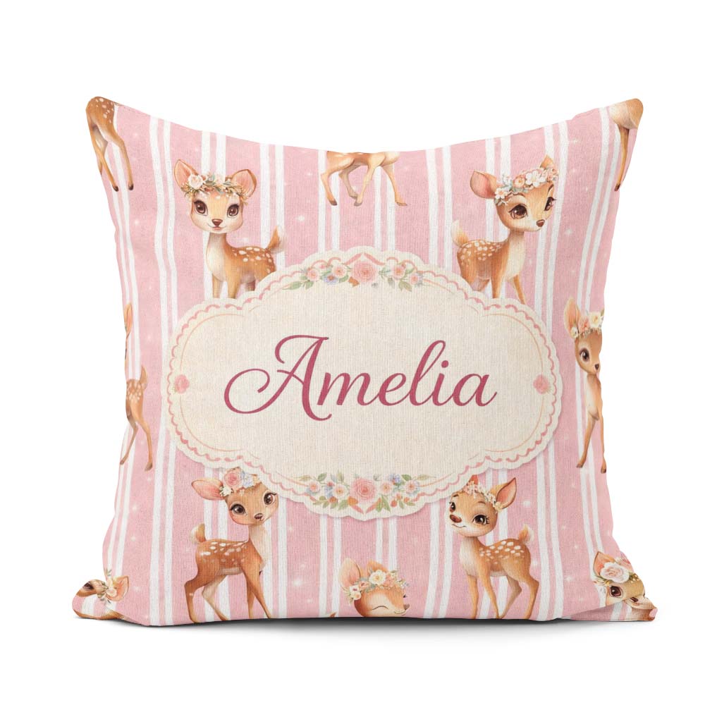 Custom Name Baby Deer Pink Stripes Floral Crown Seamless Pattern Square Filled Cushion Throw Pillow Sofa Bed Home Decor Zip Washable UK Made