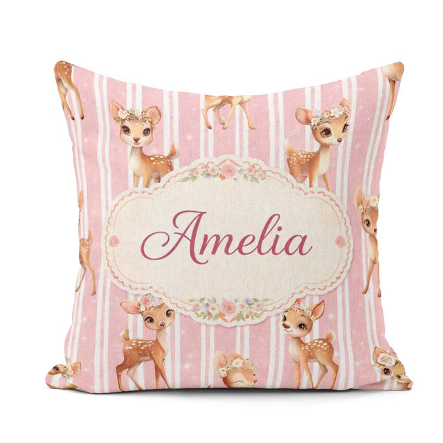 Custom Name Baby Deer Pink Stripes Floral Crown Seamless Pattern Square Filled Cushion Throw Pillow Sofa Bed Home Decor Zip Washable UK Made