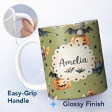Personalized Custom Name Cute Halloween Bats Sitting on Pumpkins with Stars Olive Background 11oz Ceramic Coffee Tea Mug White Large Handle