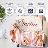 Cute Baby Deer Pink Stripes Floral Crown Seamless Pattern Lovely  Personalised Custom Name Super Soft Fleece Blanket Bed Sofa Throw