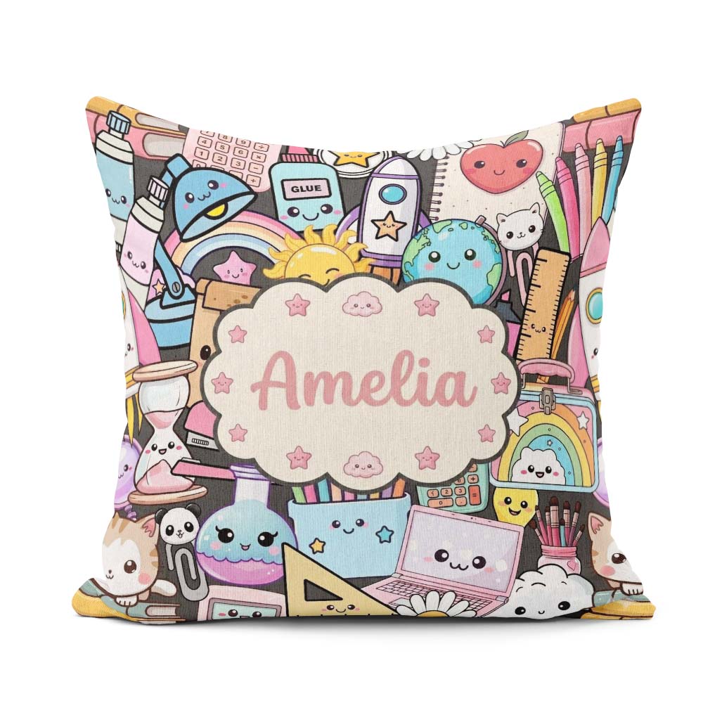 Custom Name Cute Kawaii School Supplies Science Art Pattern Dark Square Filled Cushion Throw Pillow Sofa Bed Home Decor Zip Washable UK Made