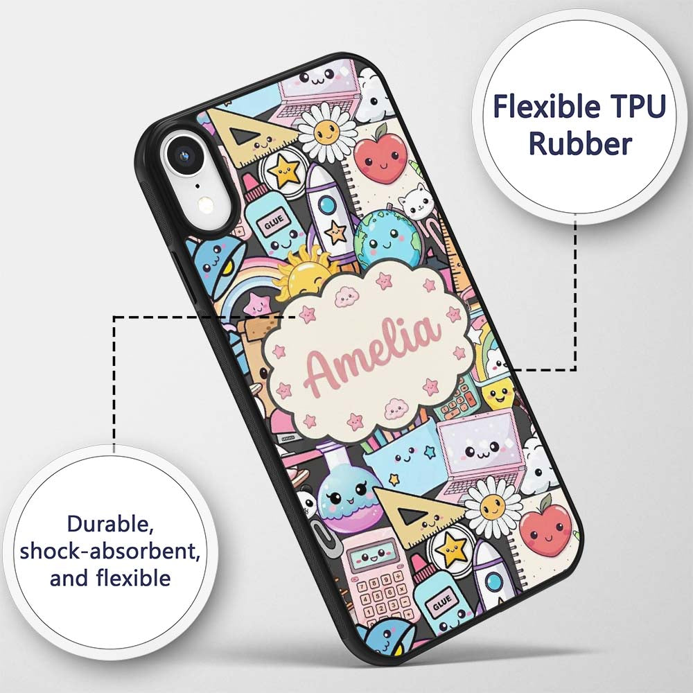 Cute Kawaii School Supplies Science Art Cute Custom Name Protective Phone Case Mobile Cover Durable Everyday Smartphone Shock Resistant