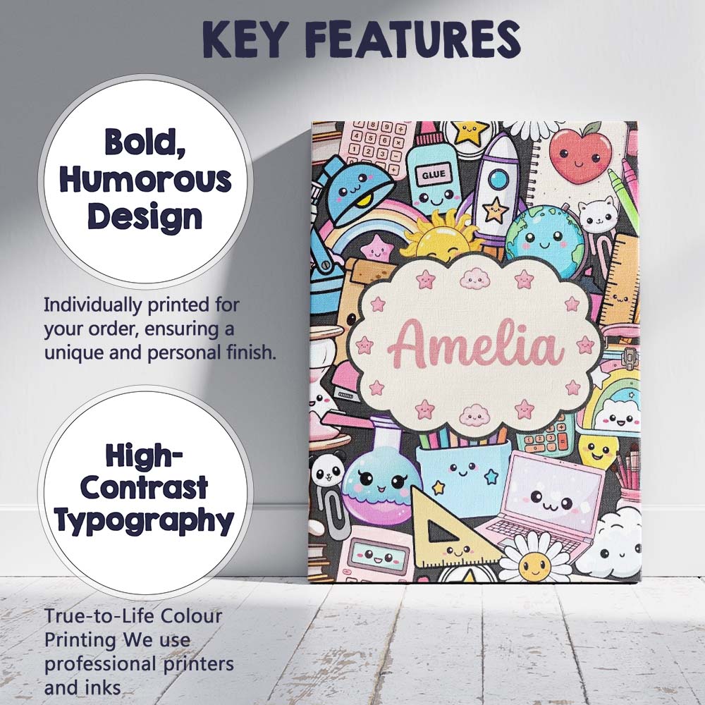 Personalised Name Cute Kawaii School Custom Premium Decorative Design Modern Room Accent Canvas Wall Art Print Decor Picture Ready to Hang