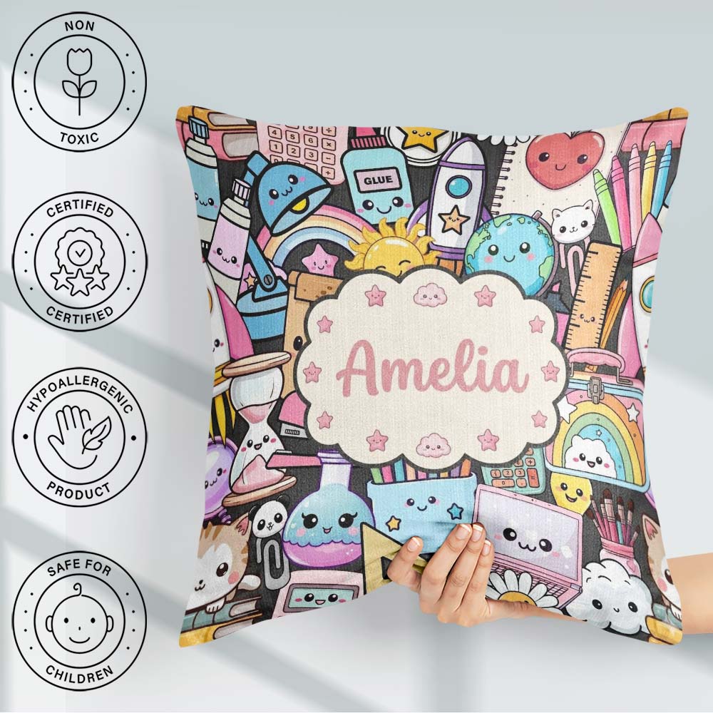 Custom Name Cute Kawaii School Supplies Science Art Pattern Dark Square Filled Cushion Throw Pillow Sofa Bed Home Decor Zip Washable UK Made
