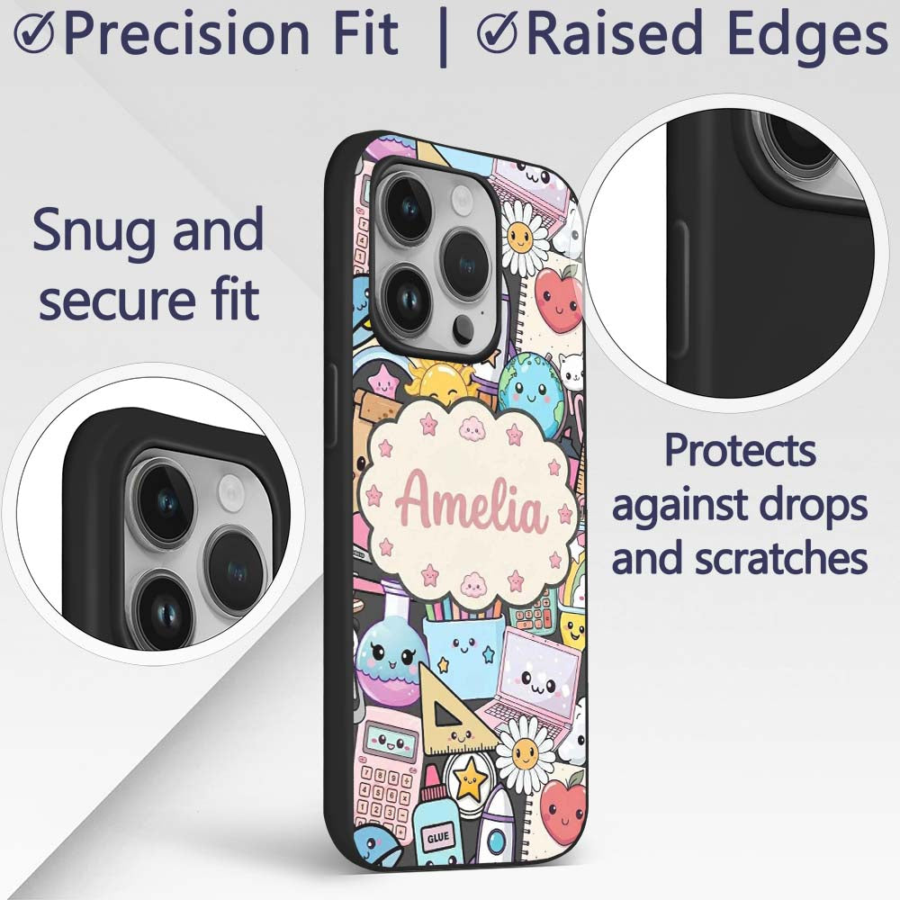 Cute Kawaii School Supplies Science Art Cute Custom Name Protective Phone Case Mobile Cover Durable Everyday Smartphone Shock Resistant