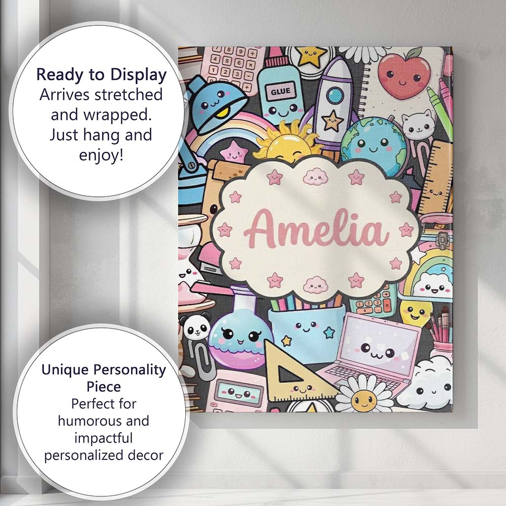 Personalised Name Cute Kawaii School Custom Premium Decorative Design Modern Room Accent Canvas Wall Art Print Decor Picture Ready to Hang
