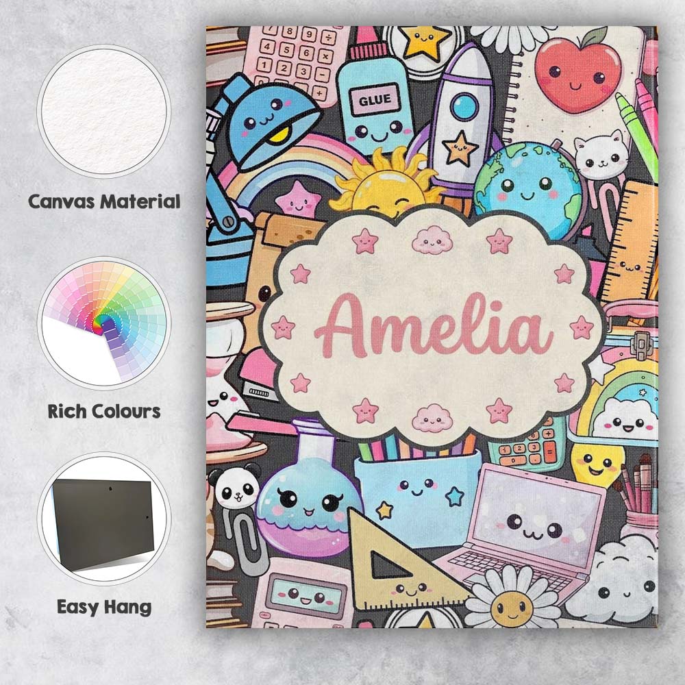 Personalised Name Cute Kawaii School Custom Premium Decorative Design Modern Room Accent Canvas Wall Art Print Decor Picture Ready to Hang
