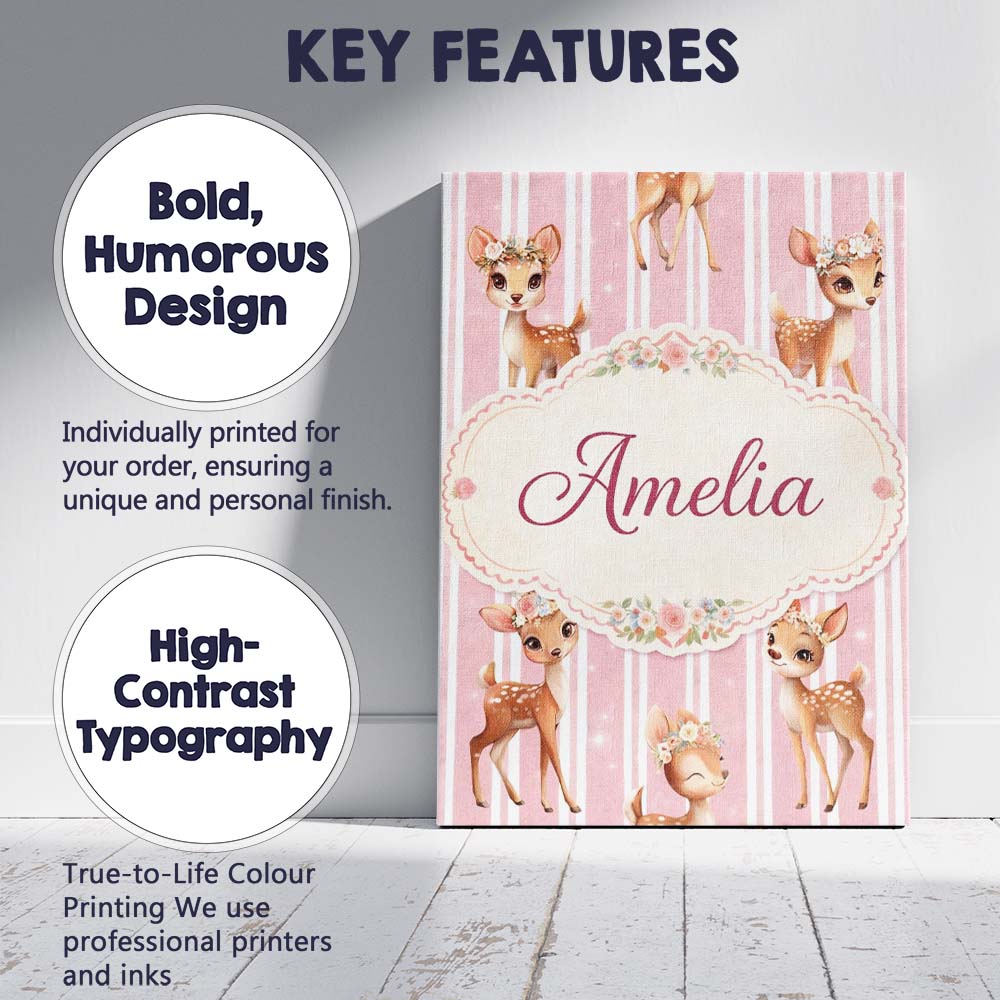Personalised Name Cute Baby Deer Pink Stripes Floral Crown Seamless Custom Canvas Wall Art Print Decor Picture Ready to Hang