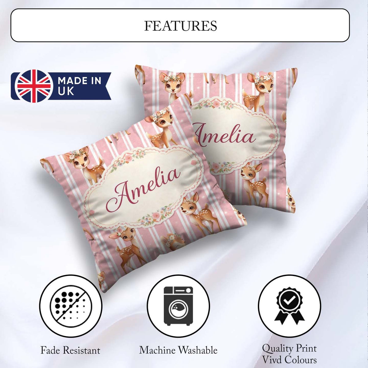 Custom Name Baby Deer Pink Stripes Floral Crown Seamless Pattern Square Filled Cushion Throw Pillow Sofa Bed Home Decor Zip Washable UK Made