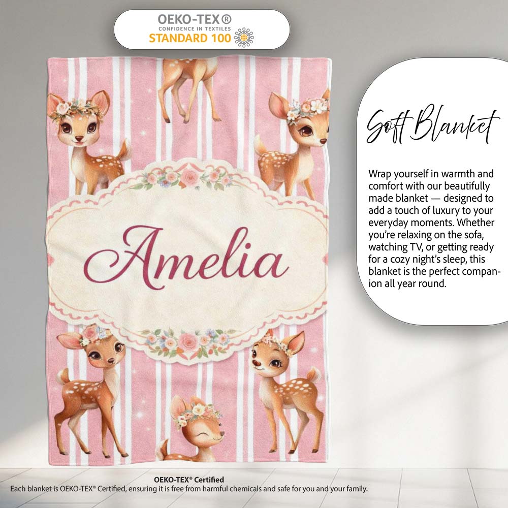 Cute Baby Deer Pink Stripes Floral Crown Seamless Pattern Lovely  Personalised Custom Name Super Soft Fleece Blanket Bed Sofa Throw