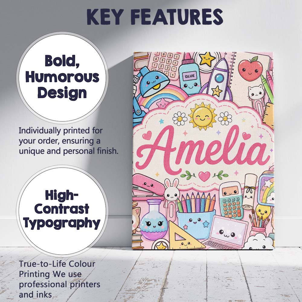 Personalised Name Cute Kawaii School Custom Premium Decorative Design Modern Room Accent Canvas Wall Art Print Decor Picture Ready to Hang