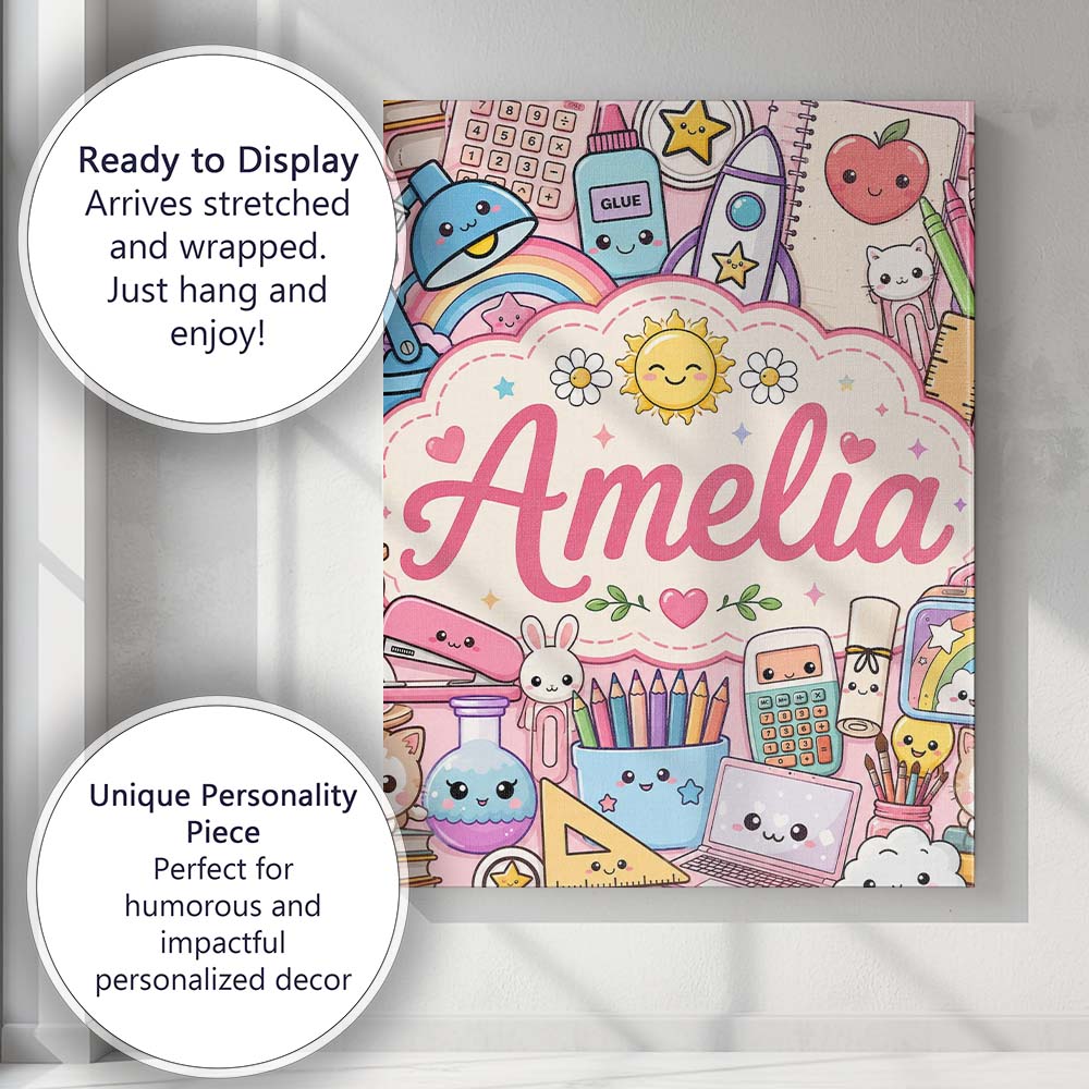 Personalised Name Cute Kawaii School Custom Premium Decorative Design Modern Room Accent Canvas Wall Art Print Decor Picture Ready to Hang