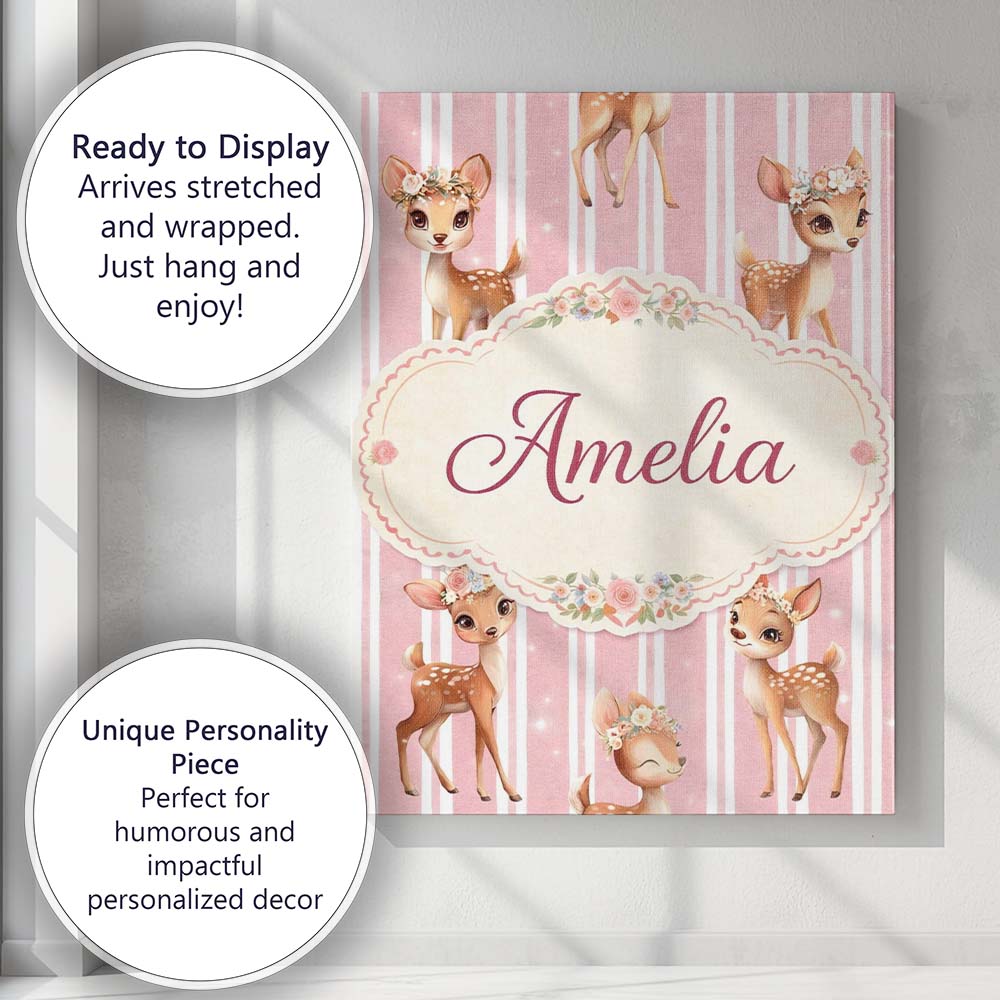Personalised Name Cute Baby Deer Pink Stripes Floral Crown Seamless Custom Canvas Wall Art Print Decor Picture Ready to Hang