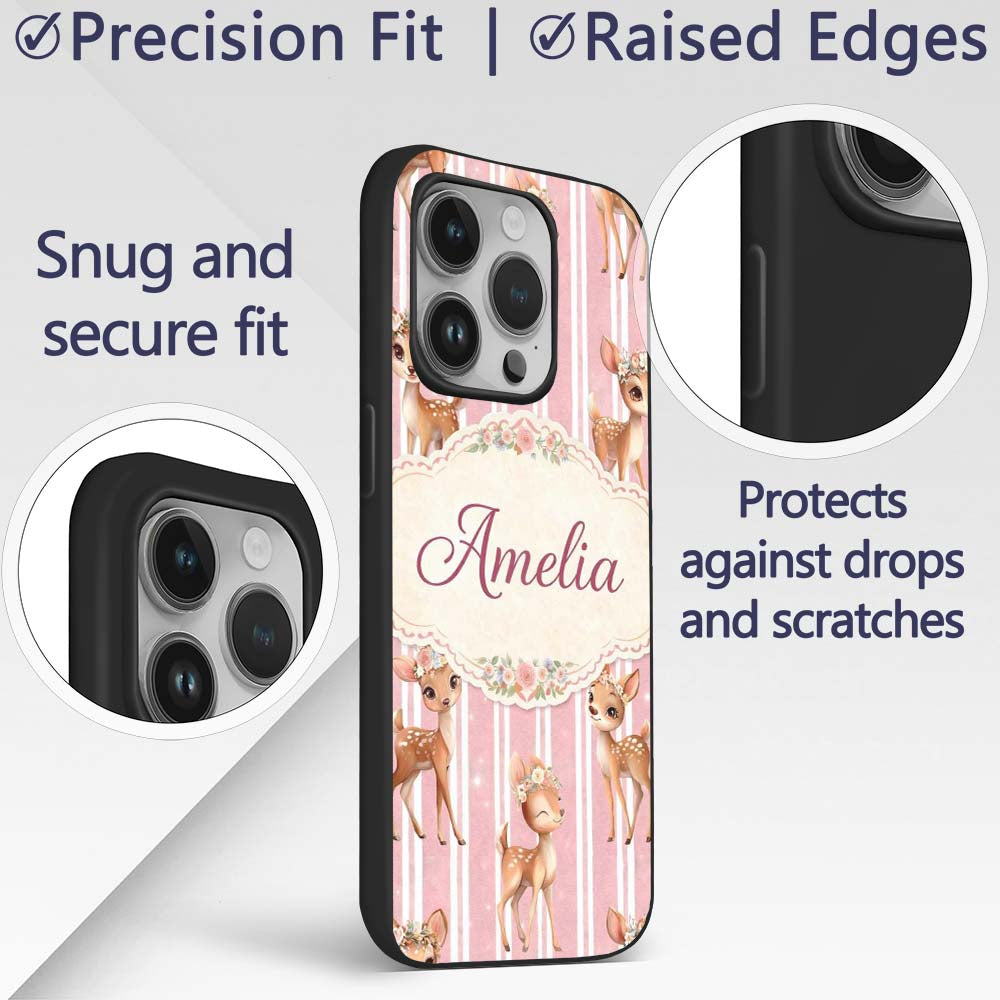 Cute Baby Deer Pink Stripes Floral Crown Seamless Custom Name Protective Phone Case Mobile Cover Durable Everyday Smartphone Shock Resistant